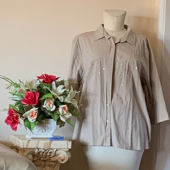 Plus size stretchy khaki sequin shirt - Picture 1 of 1